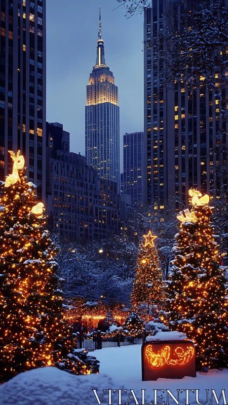 Snowy city park glows with festive lights at winter twilight