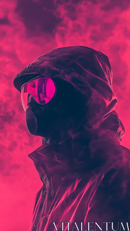 Hooded figure in respirator mask amid dense pink vapor.