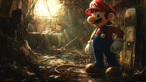 Cartoon plumber figure in decayed industrial interior scene.