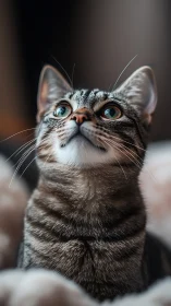 Alert Tabby Cat Looking Upward with Striking Green Eyes