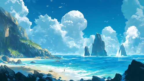 Coastal Paradise with Towering Rock Formations and Luminous Sky.