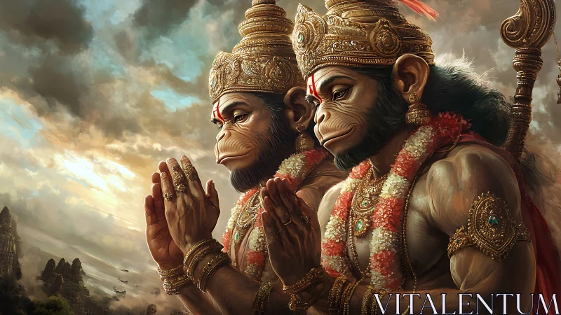 Twin divine monkey warriors in ornate devotional pose.