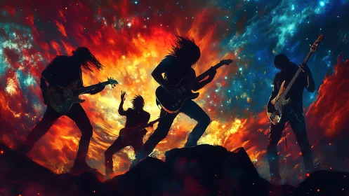 Silhouetted rock band against nebula-like cosmic backdrop.