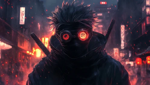 Masked figure with red goggles stands in neon-lit alleyway