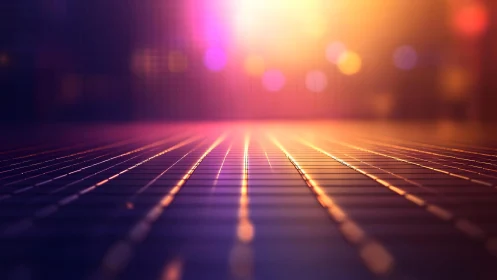 Abstract illuminated tile floor with vibrant colorful bokeh lights.