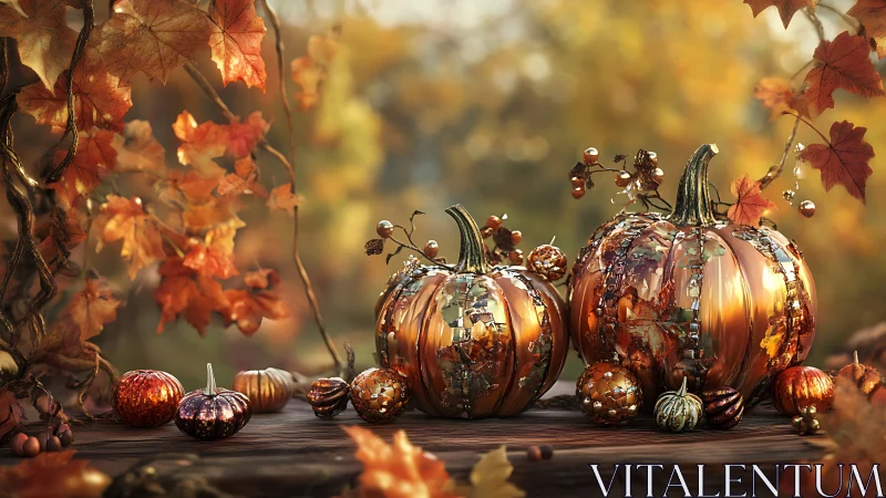 Metallic pumpkins arranged on wooden surface in autumn light