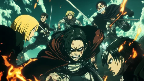 Battle-hardened swordsmen charge through burning sky field.