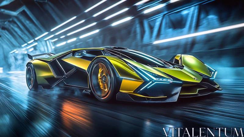 Futuristic yellow hypercar racing through neon tunnel at speed.