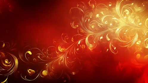 Glowing golden fractal flourishes arc across a radiant red field