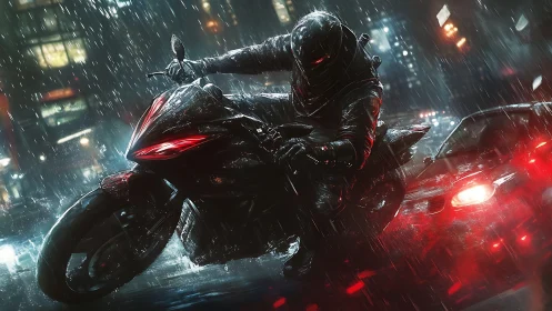 Cybernetic rider powers through neon-soaked rainstorm streets.