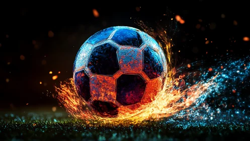 Blazing cosmic soccer ball collides with neon frostfire turf.