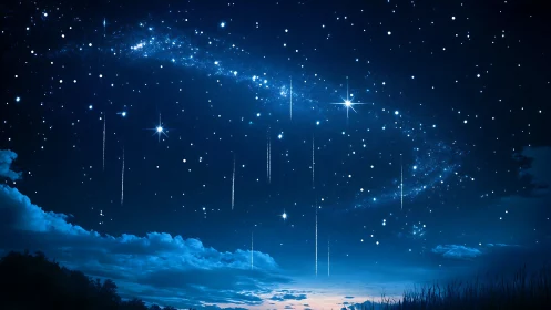 Gentle falling stars over a dreamy deep blue night sky.