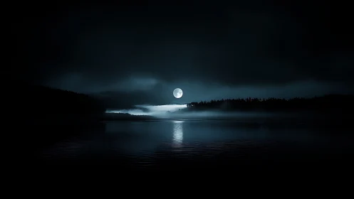 Lunar backlit fogbank over lacustrine horizon at nautical dusk.