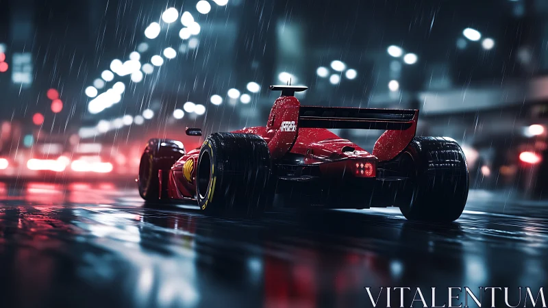 Red formula racer on wet neon city street at night.