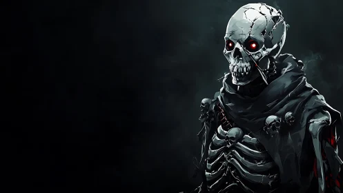 Armored skeletal warlord with glowing red eyes in shadows