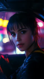 Portrait shows woman in car interior under neon light