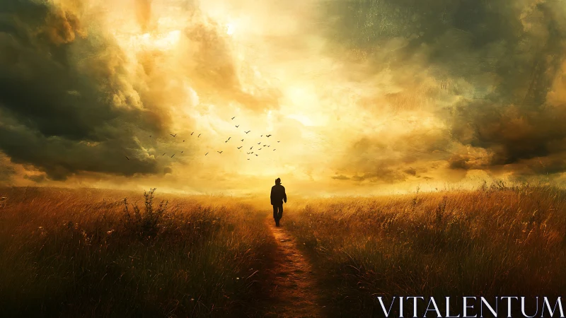 Solitary figure walking a rural path toward glowing sky.