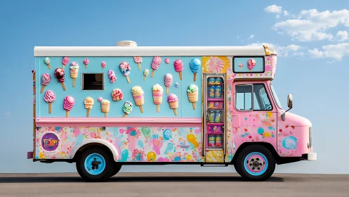 Pastel ice cream truck with playful cone illustrations