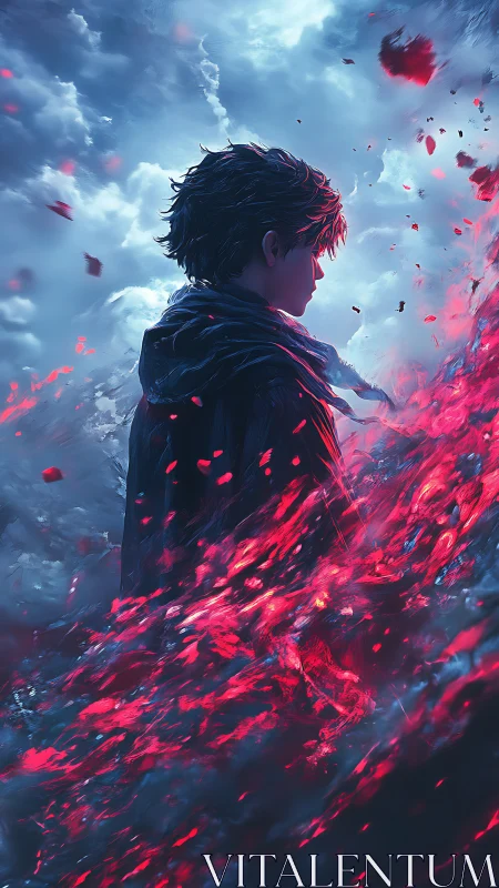 Solitary cloaked figure amid swirling red embers and clouds.