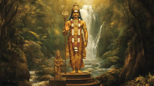 Divine golden deity stands serene before misty waterfall.