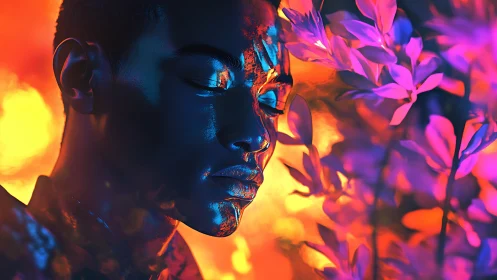 Portrait of person in neon foliage with strong color contrast.