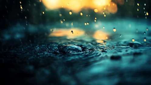 Glowing raindrops rippling across teal water at sunset.