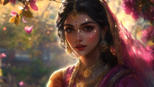 Portrait of woman in ornate sari under soft evening light.