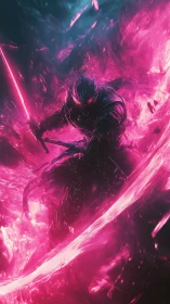 Neon warrior in dark armor swings glowing energy blade.