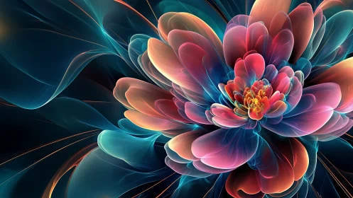 Fractal-rendered luminous flower structure with layered translucent petals