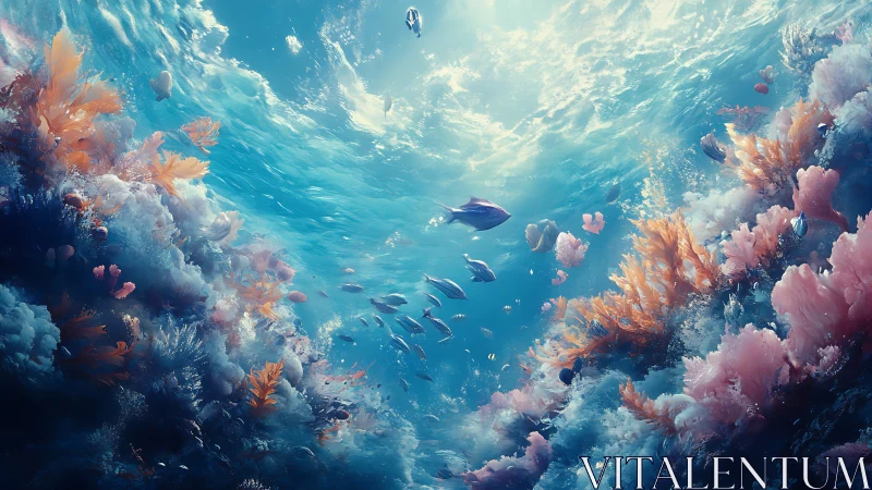Coral reef dreamscape with luminous blue pelagic fish.