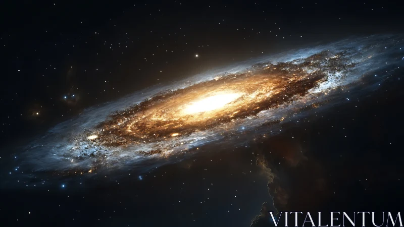 Golden spiral galaxy drifting through a starlit void.