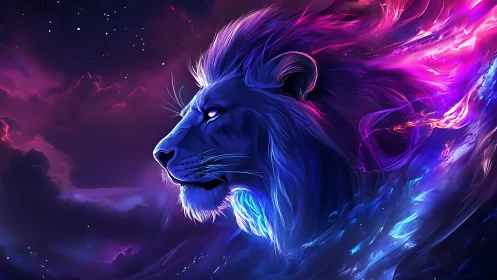 Profile study of neon lion against abstract cosmic field.