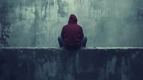 Solitary hooded figure brooding against a storm-stained wall.