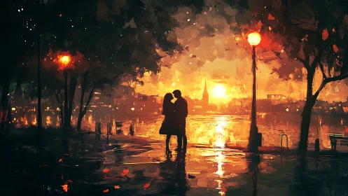 Silhouetted couple stands before golden city sunset reflected in wet pavement