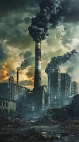 Industrial complex with dense smokestacks under cloudy sky.