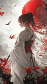 Crimson moon sentinel in wind-torn silk and falling petals.