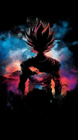 Silhouetted spiky haired figure before abstract nebula field.