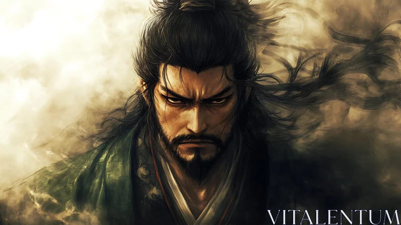 Stoic warrior portrait in swirling atmospheric haze.