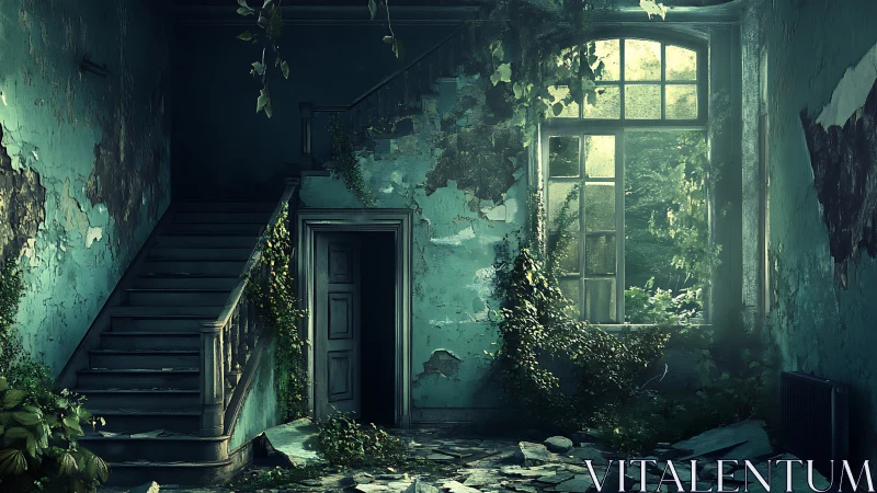 Verdant ghosts reclaim a forgotten turquoise stairwell.