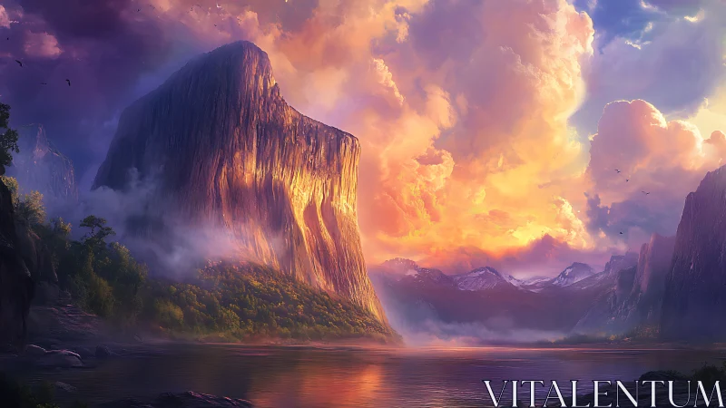 Sunlit stone giant crowns a dream-bright mountain valley.