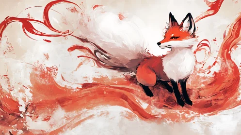 Crimson fox spirit emerges through swirling abstract flame.