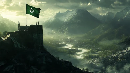 Emerald banner above misted valley stronghold at dawn.