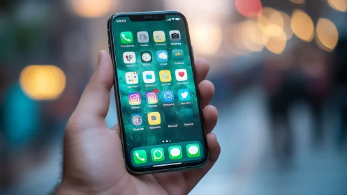 Close-up smartphone in hand with bokeh city background, portrait