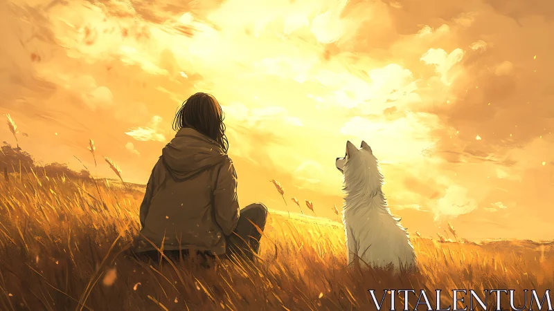 Digital painting of girl and dog in golden-hour meadow panorama.