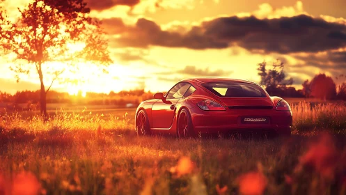 Sunset-drenched sports coupe lingers in a glowing meadow pause