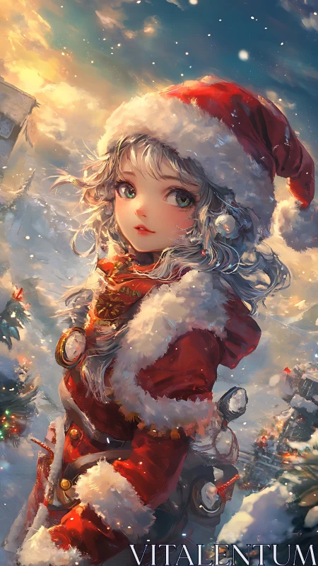 Wind-swept anime santa girl in luminous winter environment.
