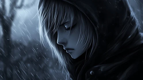 Soft rainside reverie with a hooded, silver-haired soul.