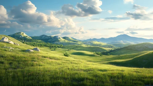 Sunlit stratified grasslands under cumulus-rich skyfield.