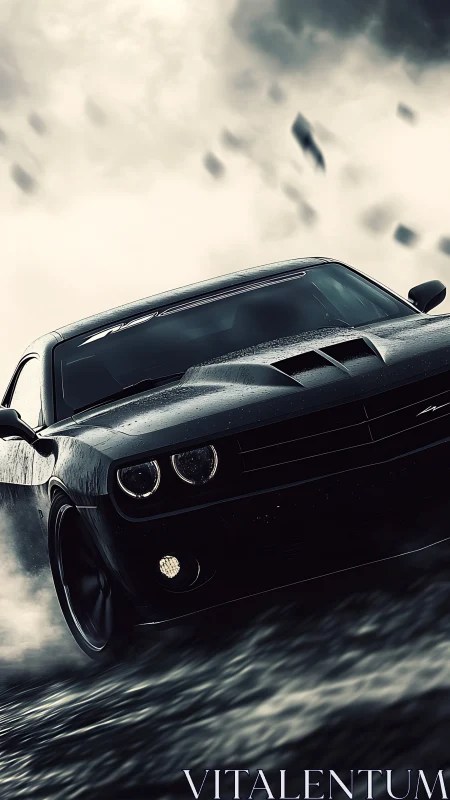 Black muscle car drifts through wet road under storm clouds