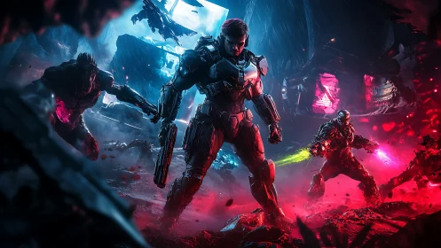 Armored soldier leads neon firefight on shattered alien street